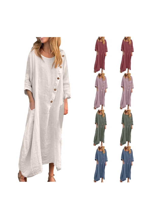Women's Cotton Linen Long Dress Button Down Long Sleeve Dress Loose Solid Color Round Neck Dresses Summer Sundresses White L