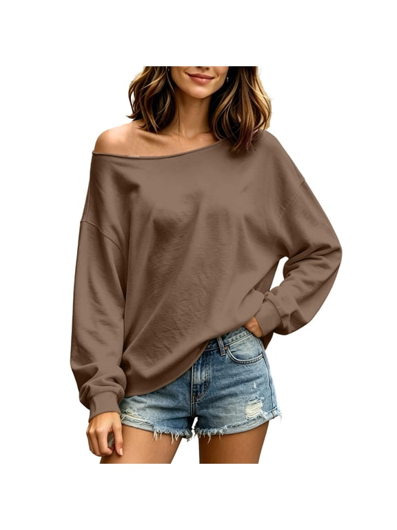 Women's Drop Shoulder Sweatshirt Trendy Off The Shoulder Tops Oversized Long Sleeve Sweatshirts Casual Pullover 2026 Coffee,L