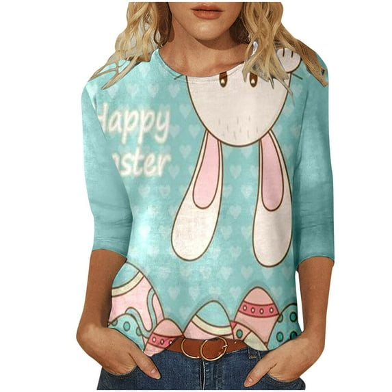 lcziwo Women's Easter Blouses 2025 3/4 Sleeve Round Neck Jesus Letter Print Shirt Holiday Church Tunic Tee Casual Dressy Summer 2025 Blouses