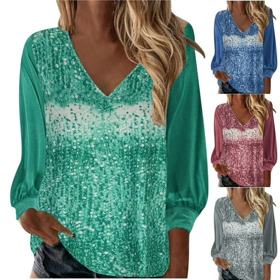 lcziwo Women's Fashion Sparkly Sequin Tops Casual Loose Long Sleeve V Neck Dressy Shirt Solid Color Party Club Blouse Pullover,Silver,XL
