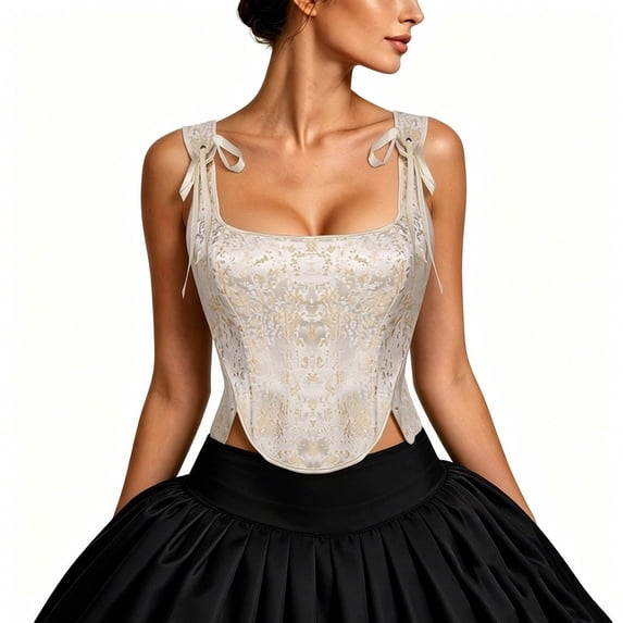 lcziwo Women's Gothic Jacquard Corset Top Renaissance Pirate Bustier Corsets Halloween Costume Beige M