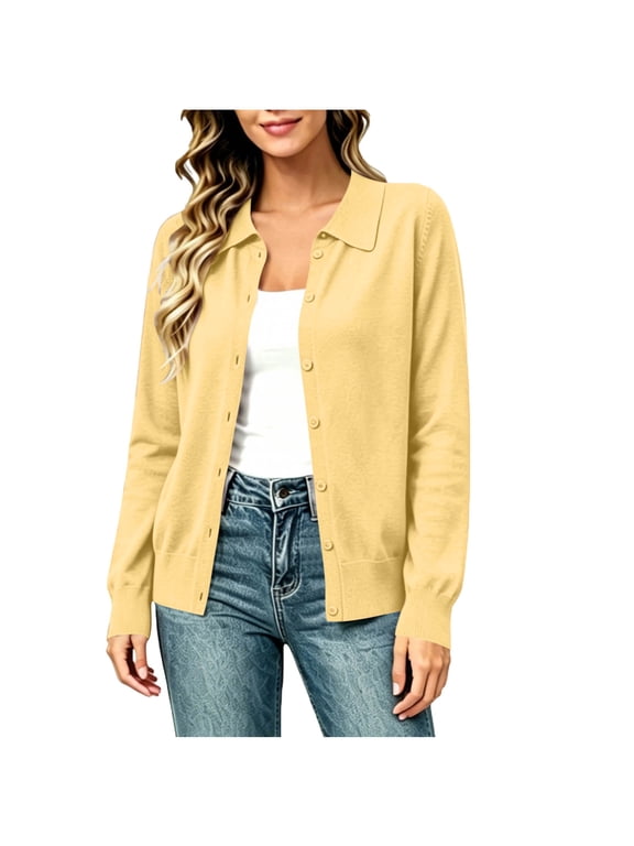 Women's Knit Button Down Shirts Comfy Soft Collared Long Sleeve Shackets with Pockets Casual Solid Color Blouse 2026 Yellow,S
