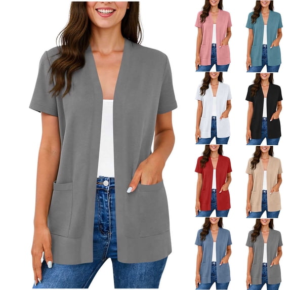lcziwo Women's Lightweight Cardigan Shrugs Trendy Open Front Short Sleeve Casual Loose Cardigans with Pockets Blue L