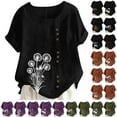 thumbnail image 1 of lcziwo Women's Linen Cotton Shirts Casual Loose Short Sleeve Button Down Blouse Oversized Round Neck Graphic Tunic T Shirts Summer Beach Tops Sales for Today on Walmart Army Green XXXXXL, 1 of 5