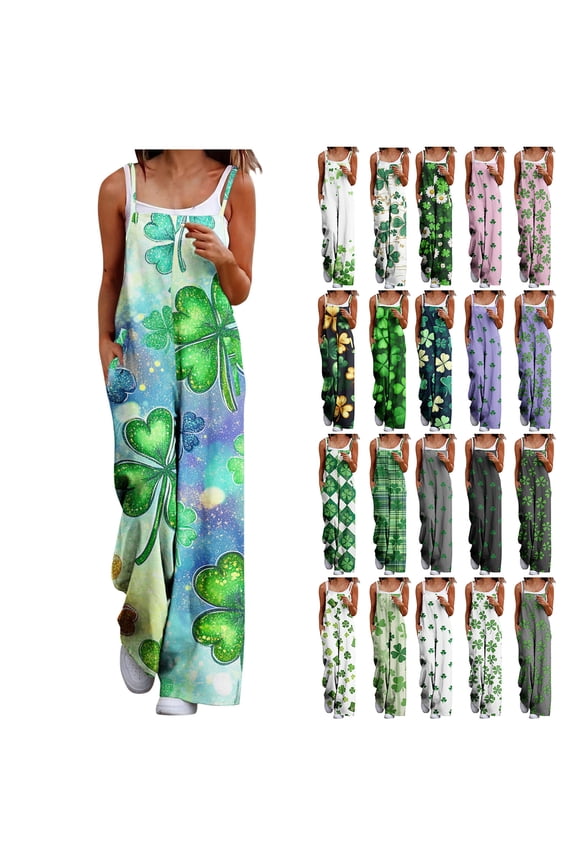 Women's Loose Fit Wide Leg Jumpsuits 2025 St Patricks Day Party Overalls Casual Spaghetti Strap One Piece Rompers Pants with Pockets Vacation Outfits Black XXXL