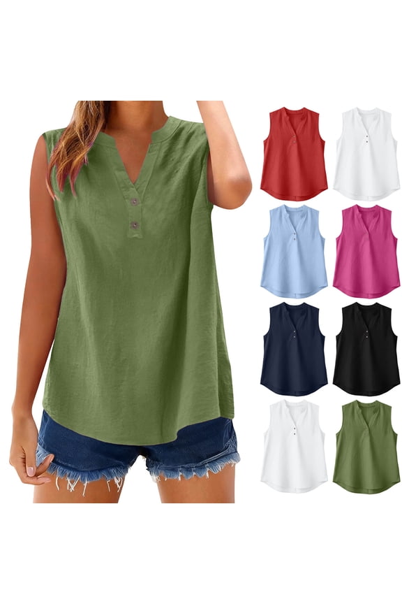 Women's Loose Sleeveless Top Cotton Linen Henley V Neck Undershirt Solid Color Summer Holiday Button Down Top Gray XL