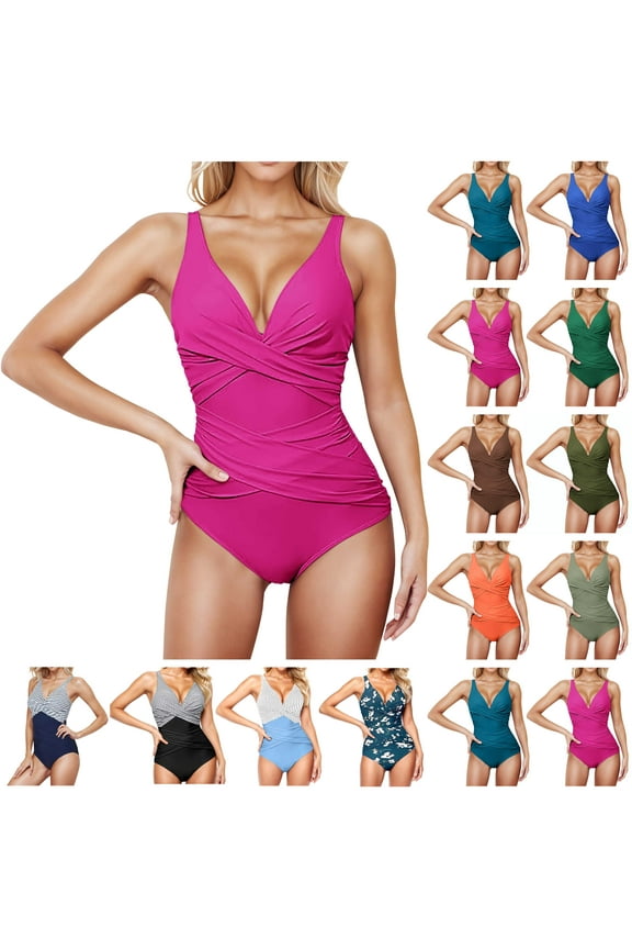 Women's One Piece Swimsuits Tummy Control Ruched Push Up Bathing Suit Solid Casual Sleeveless Bodysuits Summer Holiday Swimwear Orange L Back to College Sales