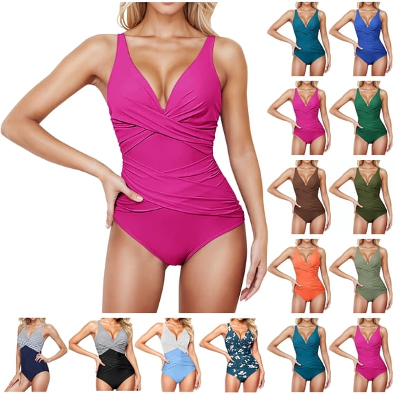 lcziwo Women's One Piece Swimsuits Tummy Control Ruched Push Up Bathing Suit Solid Casual Sleeveless Bodysuits Summer Holiday Swimwear Purple L Back to School Prime Sales