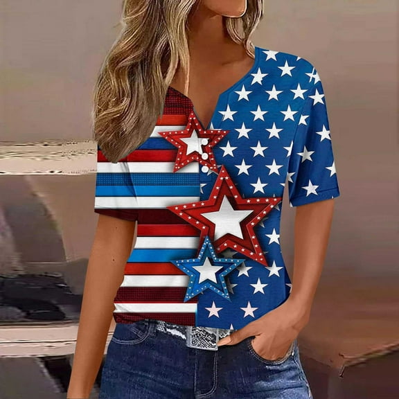 lcziwo Women's Patriotic Shirts Short Sleeve V Neck Button Down Tops 4th of July Graphic Print T Shirt Casual Trendy Summer 2025 Tunic Tees Multicolor,XXL