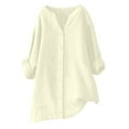 thumbnail image 1 of lcziwo Women's Plus Size Cotton Linen Tops 3/4 Sleeve V Neck Shirts Button Down Solid Color Blouses Casual Trendy Spring Summer Shirts Loose Fitted Gauze 2025 Tunic Tees Beige,L, 1 of 5