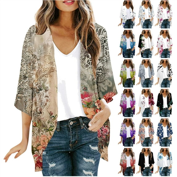 lcziwo Women's Plus Size Summer Work Clothes Kimono 2025 Floral Print Puff Sleeve Cardigans Loose Cover Up Chiffon Cardigan Casual Blouse Tops Orange XXL Limited Time Sale