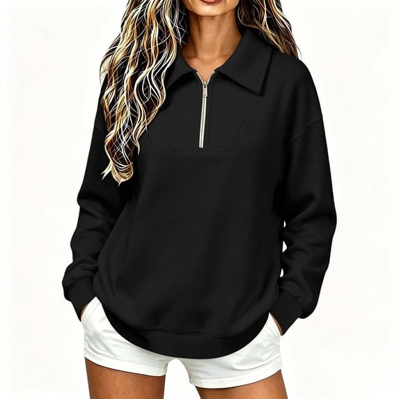 lcziwo Women's Quarter Zip Hoodies Basic Laple Neck Long Sleeve Sweatshirts Solid Color Oversized Athletic Pullover Fall 2026 Black,M