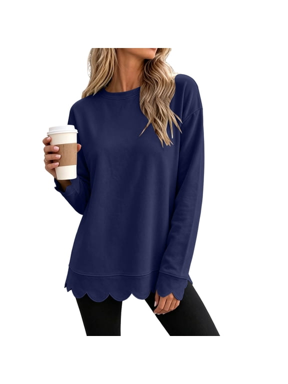 Women's Scalloped Sweatshirt Oversized Crew Neck Sweat Shirt No Hood Cute Y2k Fall Tunic Sweatshirts Pullover Tops Dark Blue,S