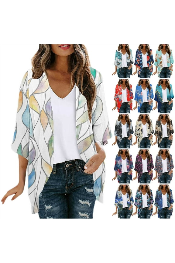 Women's Sheer Jackets Over Dress Coverups Swimsuits Summer Light Weight Chiffon Cardigans Floral Print 3/4 Sleeve Kimono Cardigan Cover Up Tops Black S Vacation Sales