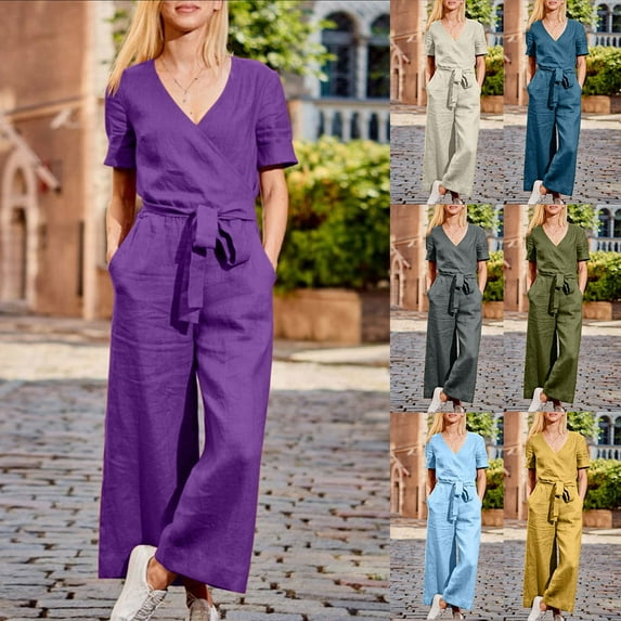 lcziwo Women's Solid Color Linen Jumpsuits Summer Beach V Neck Belt Overalls Casual Comfortable Short Sleeve Wide Leg One Piece Pants with Pockets Beige XXXXL