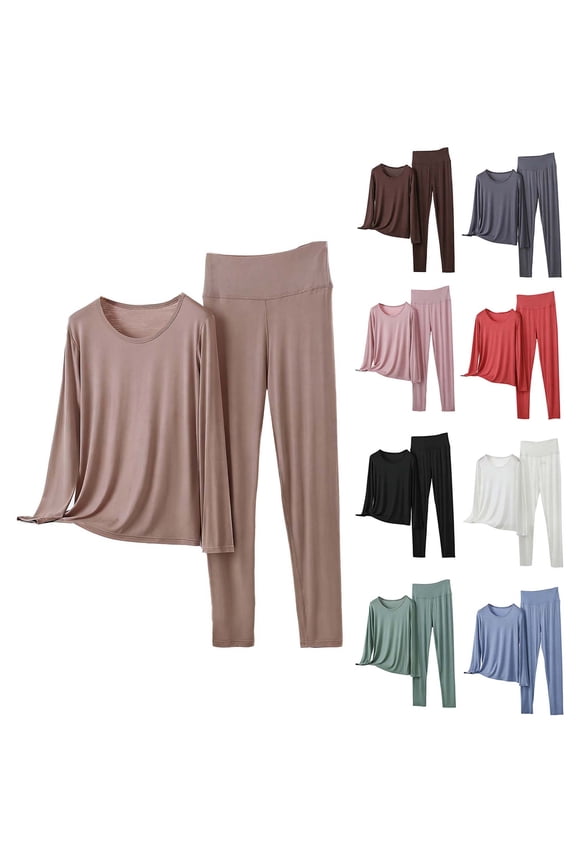 Women's Solid Color Pajamas Model Plus Size Loungewear Round Neck Long Sleeve Shirt and Tummy Control Pants Sleepwear Blue M