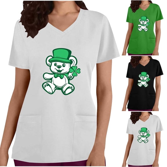 lcziwo Women's St. Patrick's Day Scrub Tops Fashion V Neck Scrubs Nursing Uniform Summer V Neck Short Sleeve Tshirts with Pockets Green L Prime Sales