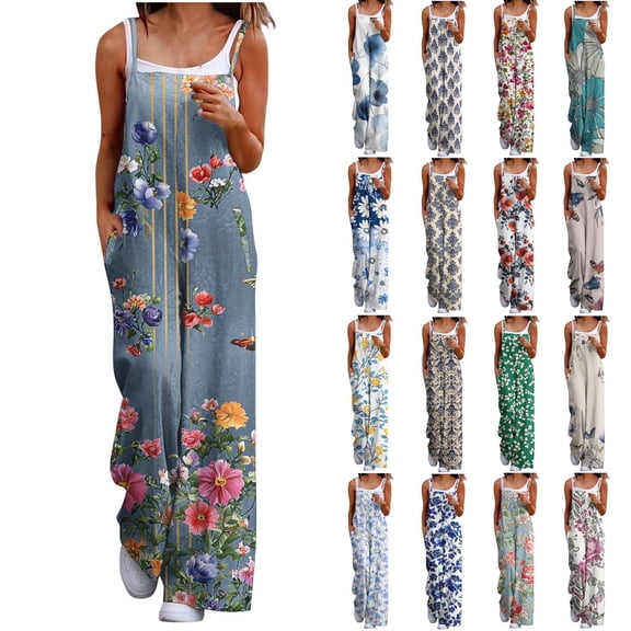 lcziwo Women's Summer Boho Floral Print Jumpsuits Dressy Casual Adjustable Straps Overalls Baggy Wide Leg Long Rompers with Pockets Clearance Sale Multicolor M