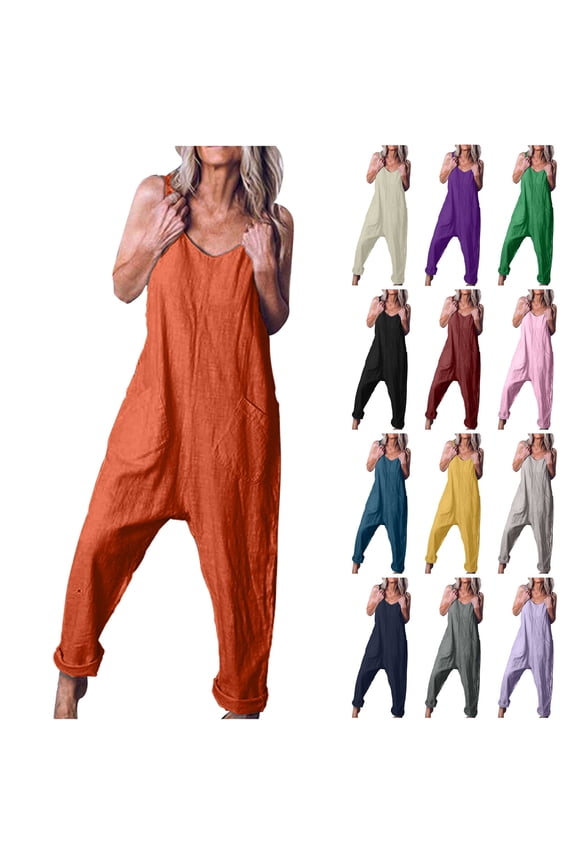 Women's Summer Cotton Linen Jumpsuits for Beach Vacation V Neck Sleeveless Tank Overalls Solid Color Harem Onesie Pants with Pockets Prime Sales of The Day Blue XXXXL