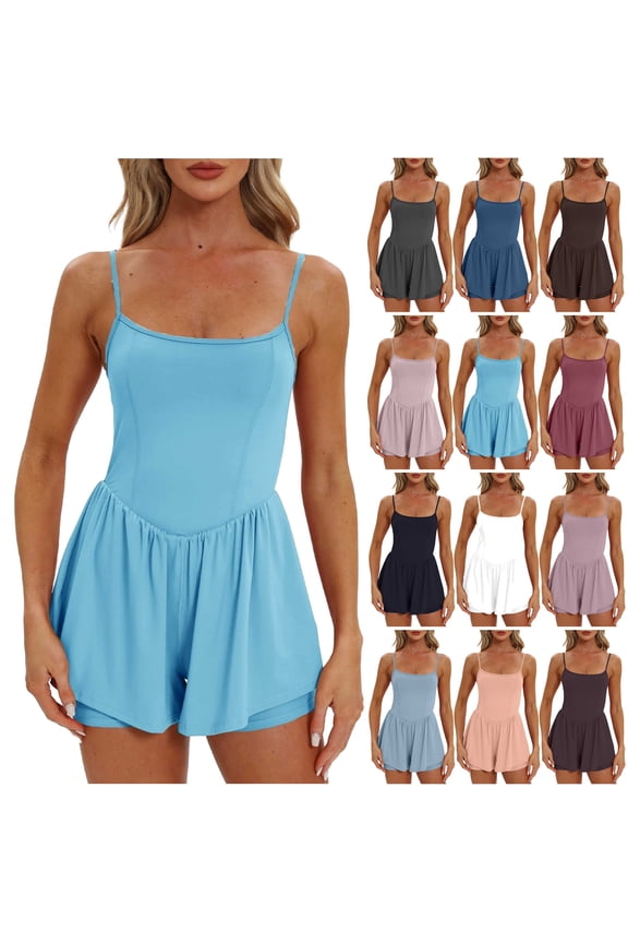 Women's Summer Sleeveless Rompers Spaghetti Strap Double Lined Shorts Onesie Tennis Golf Skorts Solid Color Yoga Workout Jumpsuit Skirt 50 Percent off Sales Today Purple XXL
