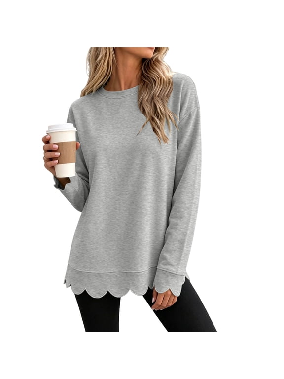 Women's Sweatshirts Scalloped Edge Oversized Crew Neck Sweat Shirt Cute Y2k Fall Tunic Sweatshirt Pullover Tops Gray,S