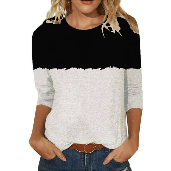 lcziwo Women's Tops with 3/4 Sleeve Color Block T Shirt Crew Neck Tunic Three Quarter Length Sleeve Tops Blouses 2025 White,XXL