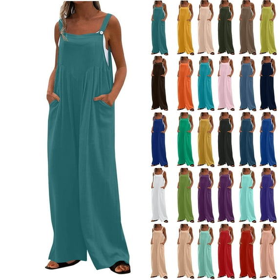 lcziwo Women's Wide Leg Jumpsuits Loose Casual Button Straps Bib Overalls 2025 Summer Sleeveless One Piece Pants with Pockets Sale of The Day