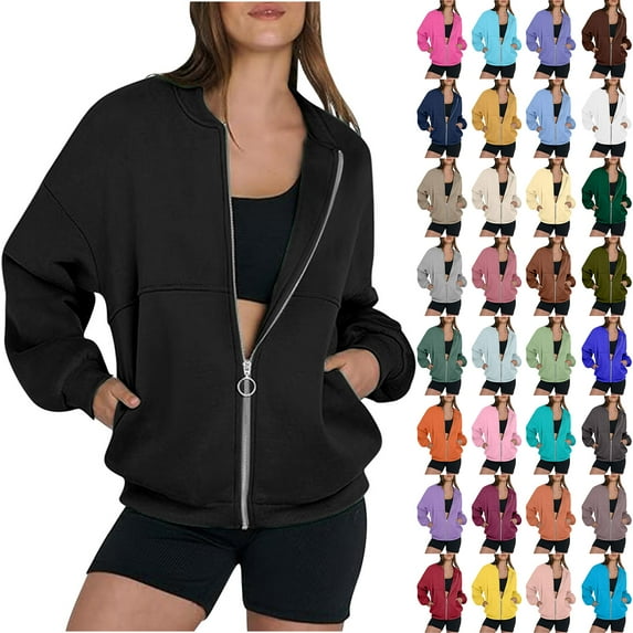 lcziwo Women's Zip Up Sweatshirt Jackets No Hood Long Sleeve Bomber Jacket Casual Loose Fit Outerwear with Pockets Fall Winter Clothes, Mint Green, M