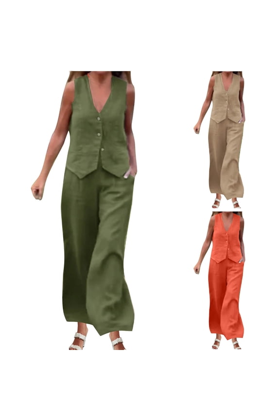 Womens 2 Piece Sets 2025 Summer Linen Vacation Outfits Button V Neck Crop Vest Blazer and Wide Leg Pants Matching Business Suits Holiday Sales Orange XL