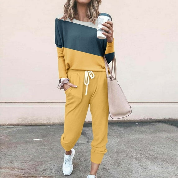 lcziwo Womens 2 Piece Sweatsuit Outfit Fall Long Sleeve Color Block Long Sleeve and Sweatpants Tracksuit Travel Workout Jogger Sets 2024 Yellow S