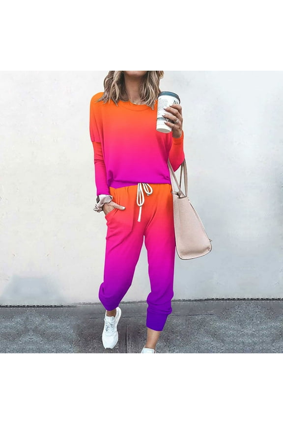 Womens 2 Piece Sweatsuit Outfit Fall Long Sleeve Gradient Print Long Sleeve and Sweatpants Tracksuit Travel Workout Jogger Sets 2024 Orange 3XL