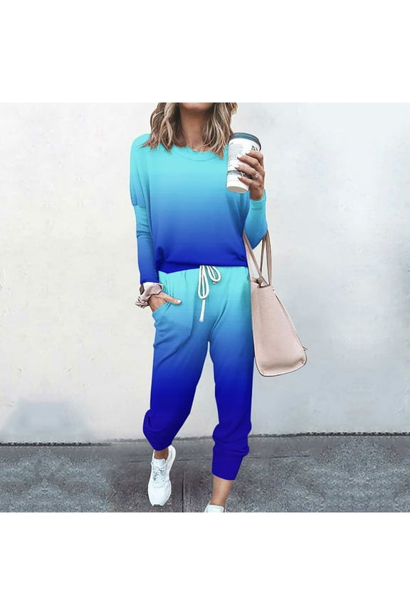 Womens 2 Piece Sweatsuit Outfit Fall Long Sleeve Gradient Print Long Sleeve and Sweatpants Tracksuit Travel Workout Jogger Sets 2024 Blue L