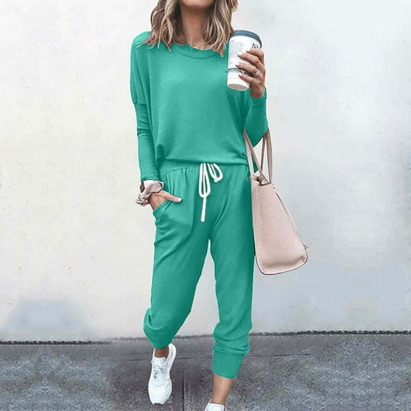 lcziwo Womens 2 Piece Sweatsuit Outfit Fall Long Sleeve Solid Color Long Sleeve and Sweatpants Tracksuit Travel Workout Jogger Sets 2024 Green 2XL