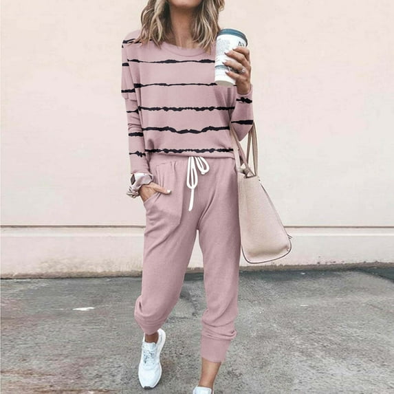 lcziwo Womens 2 Piece Sweatsuit Outfit Fall Long Sleeve Stripes Printed Long Sleeve and Sweatpants Tracksuit Travel Workout Jogger Sets 2024 Pink S