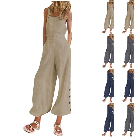 lcziwo Womens 2025 Summer Wide Leg Jumpsuits Solid Casual Sleeveless Spaghetti Strap Overalls Loose Fit Side Botton Rompers with Pockets Sales of The Day Clearance