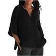 thumbnail image 1 of lcziwo Womens 3/4 Sleeve Linen Shirts V Neck Solid Color Blouses Loose Basic Gauze Tops Vacation Plus Size Tunic Tees Casual Trendy Spring Summer 2025 Black,XXL, 1 of 6