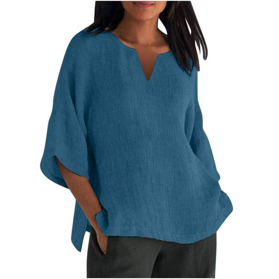 lcziwo Womens 3/4 Sleeve Linen Shirts V Neck Solid Color Blouses Loose Basic Gauze Tops Vacation Plus Size Tunic Tees Casual Trendy Spring Summer 2025 Blue,XL