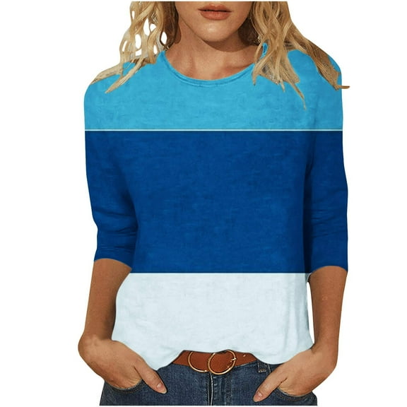 lcziwo Womens 3/4 Sleeve Tops Patchwork Color Block Tunic Shirts Dressy Casual Crewneck Casual Summer Tunics Blouses Shirt Pullover Top 2025 Blue,S