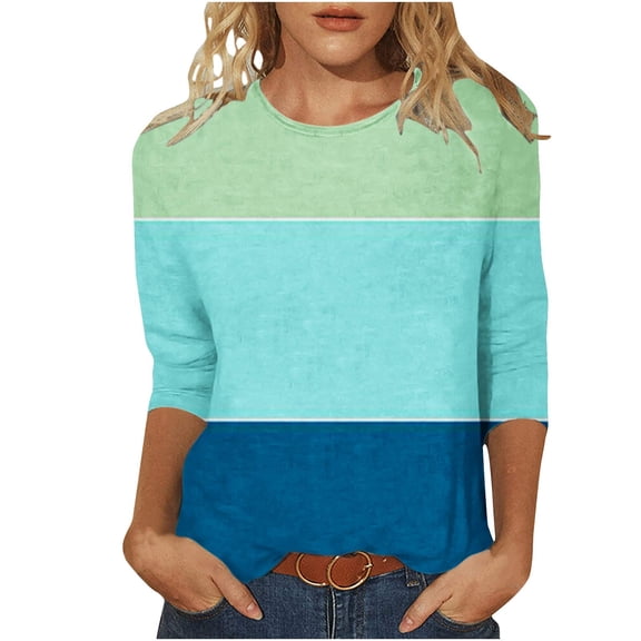 lcziwo Womens 3/4 Sleeve Tops Patchwork Color Block Tunic Shirts Dressy Casual Crewneck Casual Summer Tunics Blouses Shirt Pullover Top 2025 Green,S