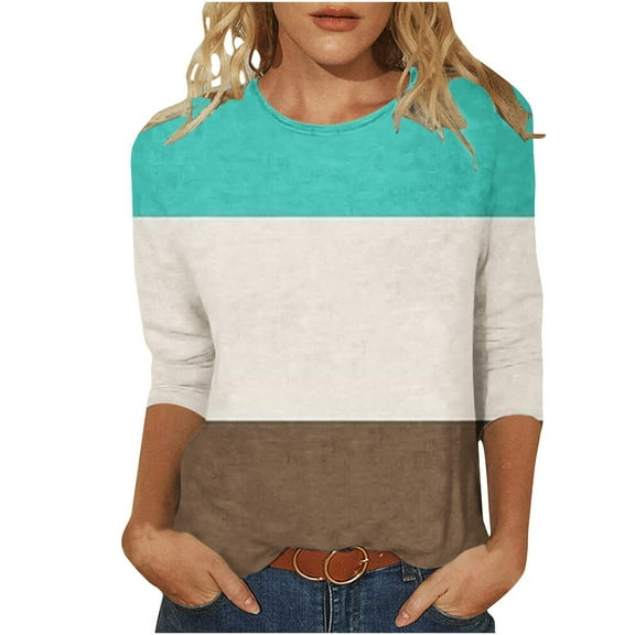 lcziwo Womens 3/4 Sleeve Tops Patchwork Color Block Tunic Shirts Dressy Casual Crewneck Casual Summer Tunics Blouses Shirt Pullover Top 2025 Khaki,XXL