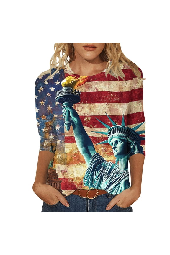 Womens 4th of July Shirt Funny Casual Dressy Summer 2025 Soft Tops 3/4 Length Sleeve Crew Neck Blouses Usa Flag Star and Stripes Print Patriotic Tees Red,XXXL