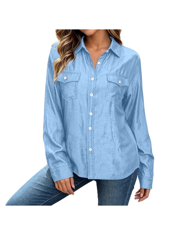 Womens Button Down Blouse Comfy Soft Tencel Collared Long Sleeve Shackets with Pockets Casual Solid Color Shackets 2026 Light Blue,L