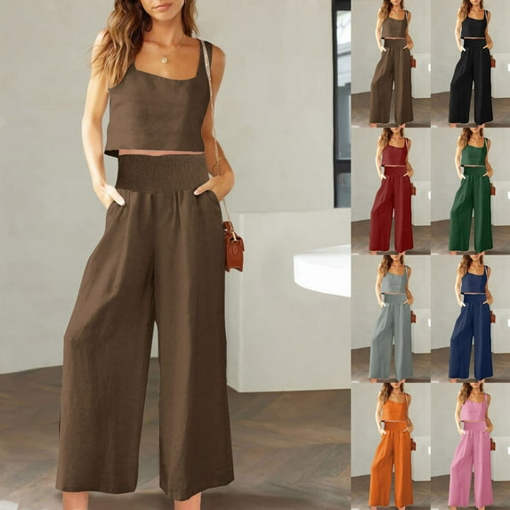 lcziwo Womens Casual Cotton Linen Two Piece Sets Sleeveless Cropped Tops and Wide Leg Pants Lounge Set 2025 Summer Beach Vacation Outfits Black XL