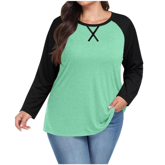 lcziwo Womens Color Block Tops Plus Size Tee Long Sleeve Baseball Shirts for Women Crew Neck Raglan Loose Fit Tunic Top 2026 Mint Green,S