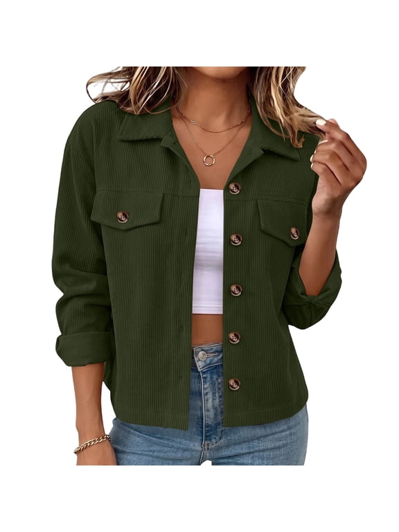 Womens Corduroy Shirts Long Sleeve Casual Button Collared Shackets with Pockets Comfy Soft Solid Color Blouse 2026 Army Green,XL