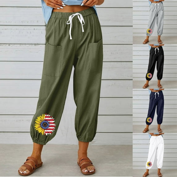 lcziwo Womens Cotton Linen Capris Pant 4th of July Sunflower Print Cropped Pants 2025 Summer Lightweight Beach Pants with Pockets Today Prime Sales Black XL