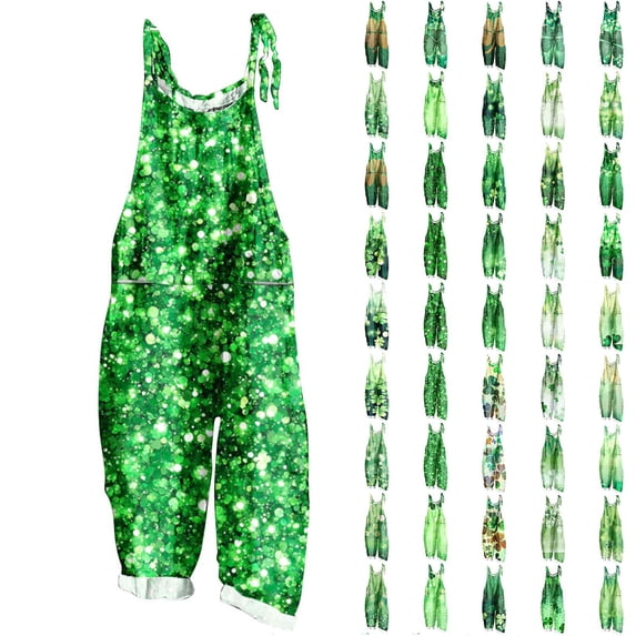 lcziwo Women's St. Patrick's Day Cute Jumpsuits Lucky Irish Clover Graphic Rompers Casual Adjustable Straps Wide Leg Overalls Cotton Linen Summer Beach Outfits Green XL