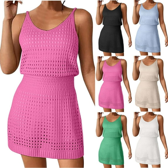 lcziwo Womens Crochet Knit Hollow Out One Piece Dress 2025 Summer Cover Ups Rompers Sleeveless Beach Swimsuit Vacation Outfits Black L