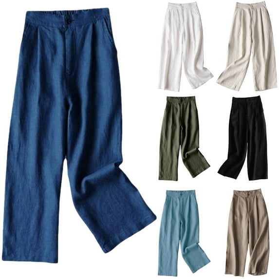 lcziwo Womens Cropped Trousers with Pockets 2025 Summer Casual Cotton Linen Beach Pants Button Waist Loose Fit Wide Leg Capris Clearance Sale Navy XXL