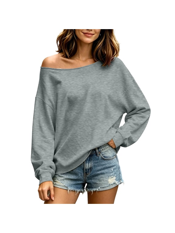Womens Drop Shoulder Sweatshirt Trendy Off The Shoulder Tops Oversized Long Sleeve Sweatshirts Casual Pullover 2026 Gray,L